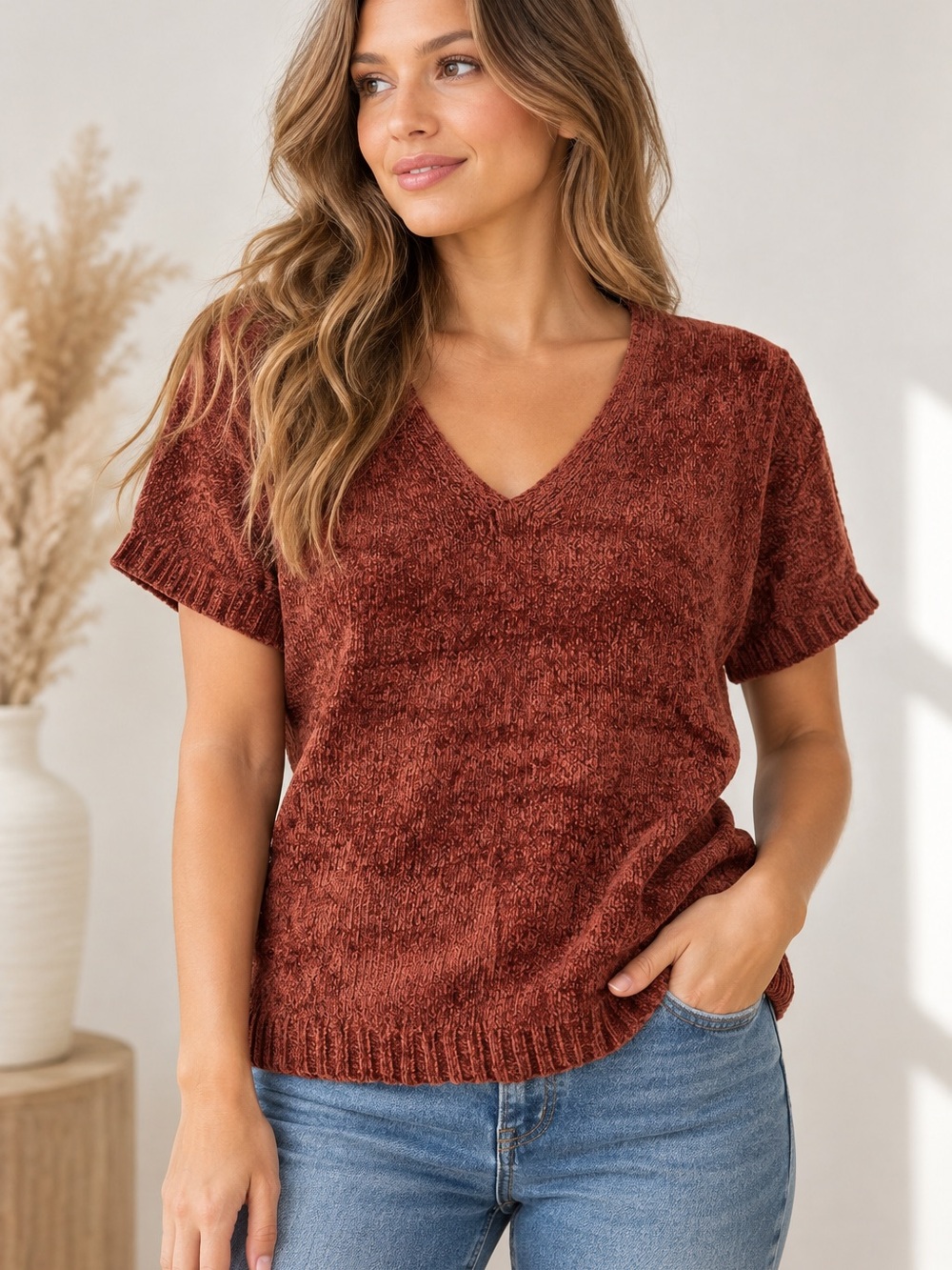 Carolyn Taylor Women’s Chenille Knit V-Neck Short Sleeve Sweater – Size M
